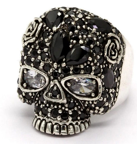 SILBER RING „TOTENKOPF MIT ZIRKONIA UND ROSE“ schwarz