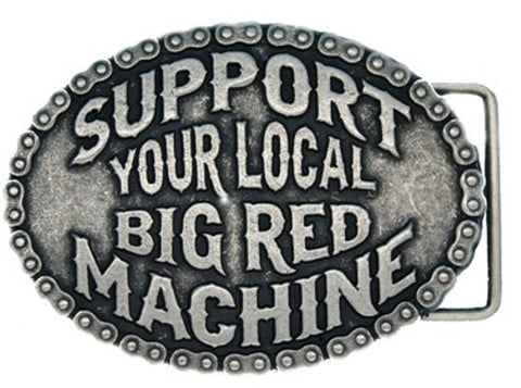 GÜRTELSCHNALLE aus Metall, versilbert „SUPPORT YOUR LOCAL BIG RED MACHINE“ - REDANDWHITESTORE