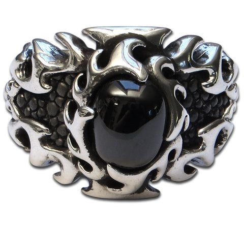 SILBER RING „FLAMMEN RING MIT ROCHENLEDER“ - REDANDWHITESTORE